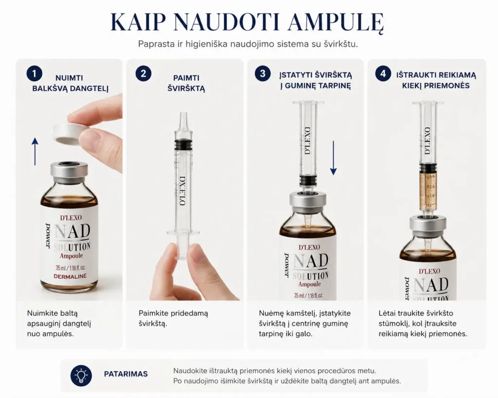 DERMALINE D’LEXO NAD POWER SOLUTION energizuojanti, skaistinanti ampulė su NAD, niacinamidu, 6 pažangiu peptidų kompleksu ir 7 hialuronų formų kompleksu, 35 ml