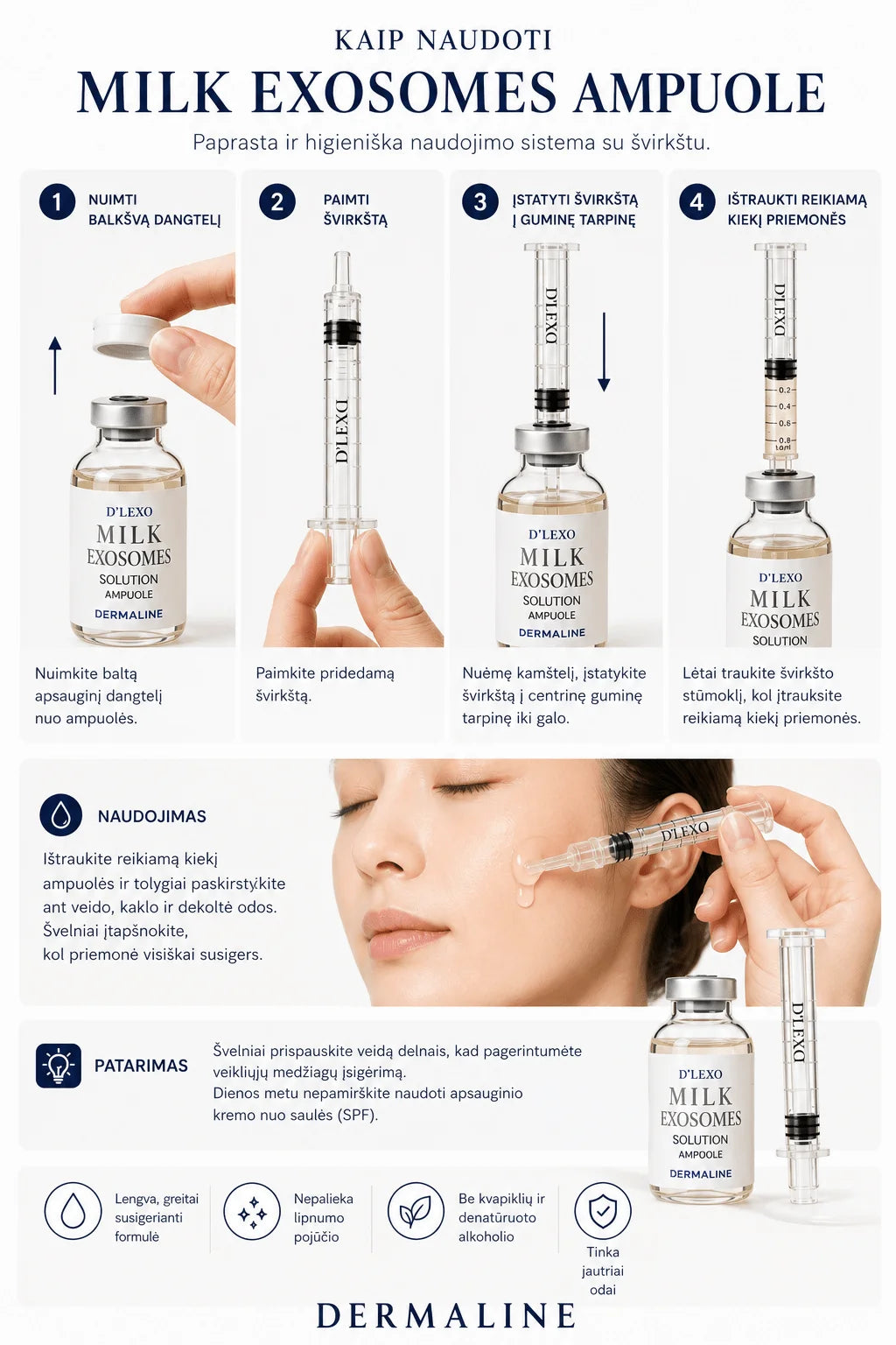 DERMALINE D'LEXO EXOSOME SOLUTION ampulė su egzosomom, azijine centele ir adenozinu, 35 ml