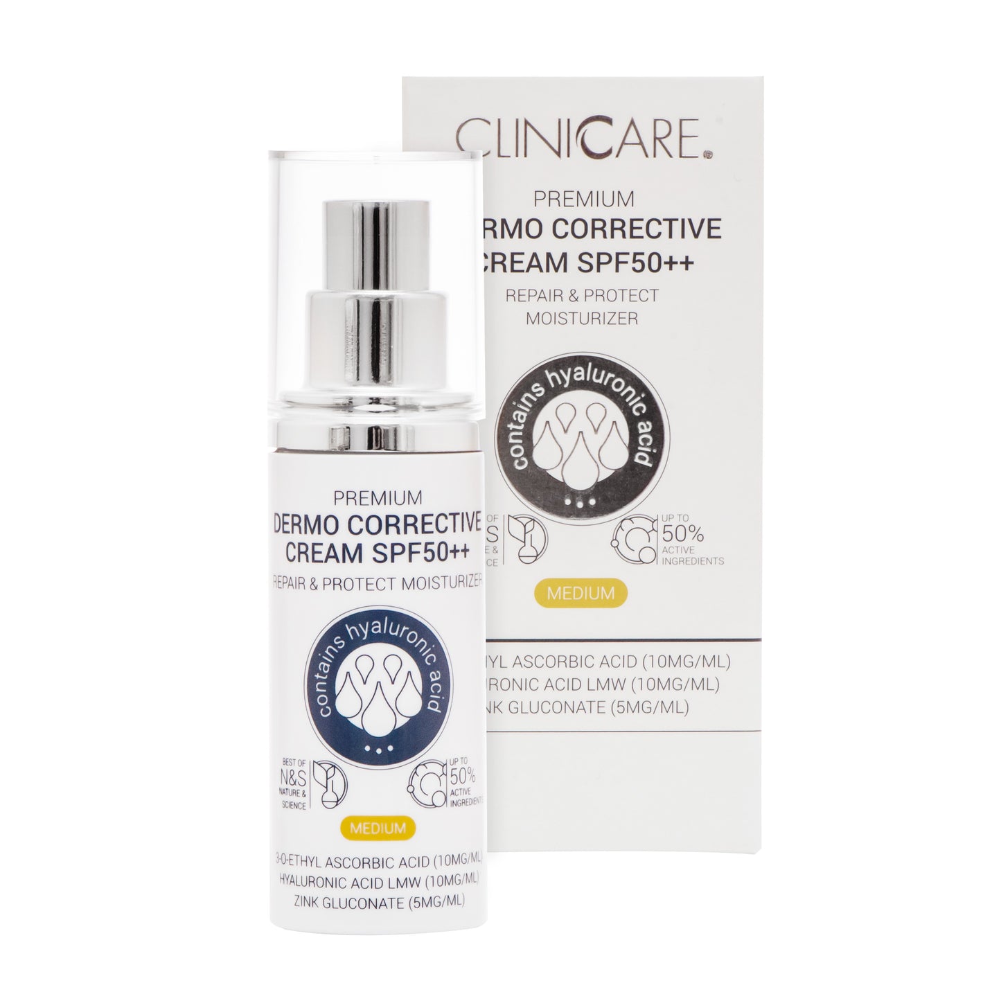CLINICARE koreguojantis kremas SPF50++ SU SPALVA, 30 ml