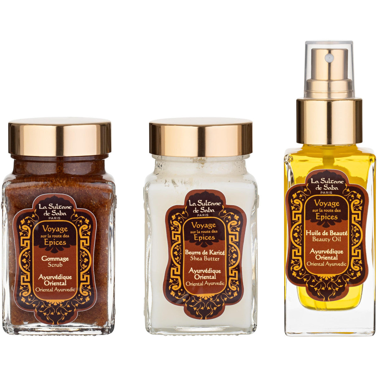 La Sultane de Saba Oriental Ayurvedic Scented Body care kit – gintaras, vanilė, pačiulis – kūno priežiūros rinkinys – šveitiklis, grožio aliejus, taukmedžio sviestas