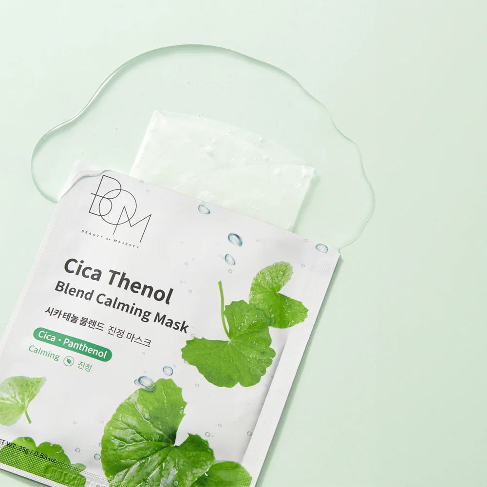 BOM Cica Thenol Blend Calming Mask - raminančios odą lakštinės veido kaukės, 10vnt